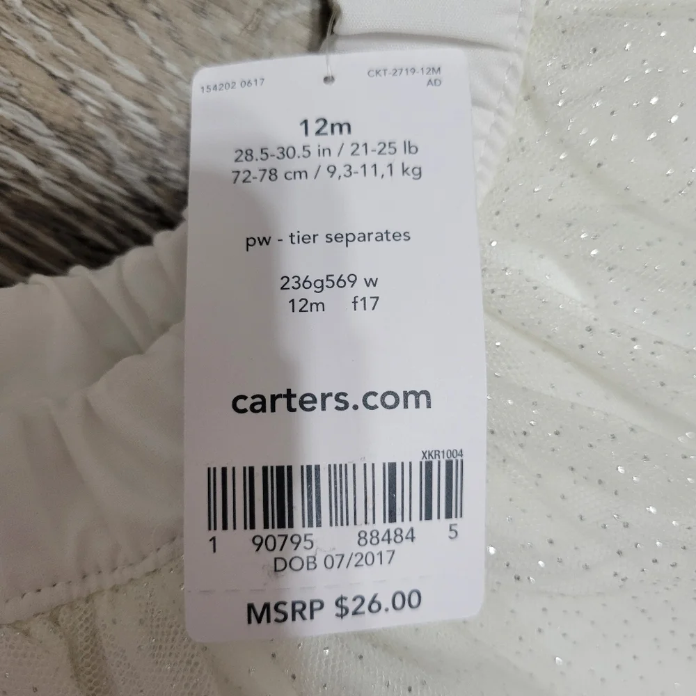 New Baby Girl Carter's White Silver Glitter Puff Skirt Size 12M